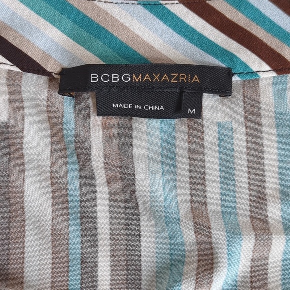 BCBGMaxAzria Retro Teal Blue Brown Striped Dress V Neck 3/4 Sleeves - Picture 5 of 13